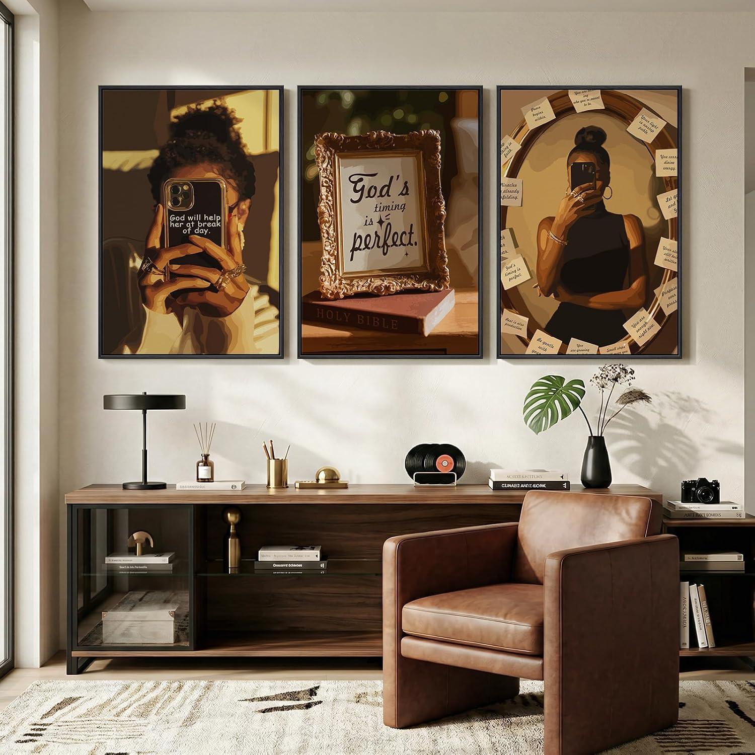Framed Black Girl Wall Art Set of 3, Large African American Inspirational Canvas Prints, Modern Aesthetic Artwork Painting Pictures for Living Room, Bedroom, Hallway or Dressing Room Decor, 24x36 In