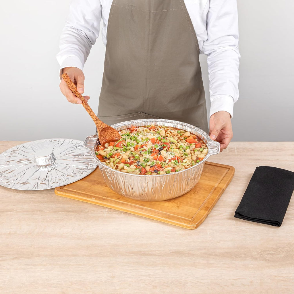 Foil Lux 8.5 Quart Pans And Lids, 50 Disposable Pots With Lids - Oven-Ready, Stove Compatible, Aluminum Foil Baking Pans, Freezable, For Outdoor Camping, Vacation, Picnic, And More - Restaurantware