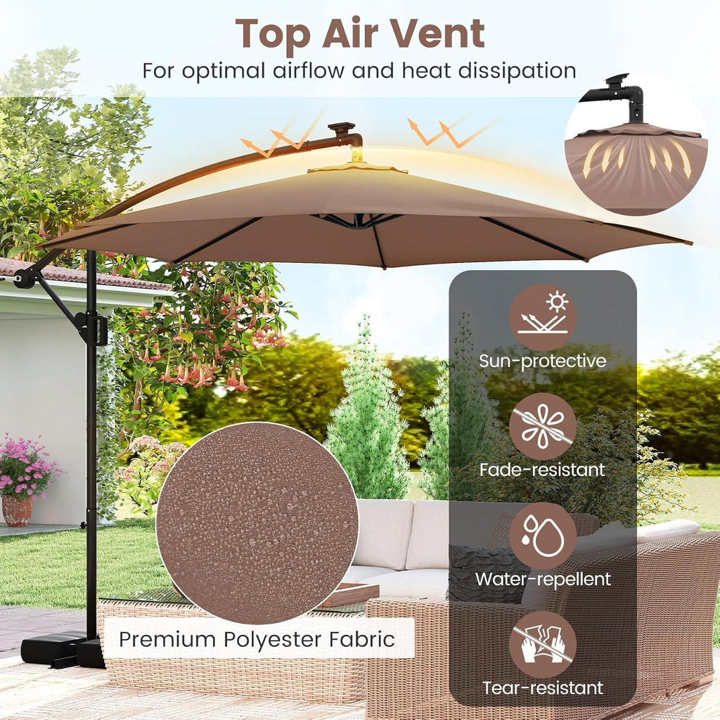 Tangkula 10 FT Solar Patio Umbrella with Base Included, Cantilever Offset Hanging Outdoor Umbrella with 96 Multi-Colored Flowing LED Lights, 9 Modes, Tilt Adjustment, 360° Rotation, Crank for Pool Yard Deck Lawn (Coffee)
