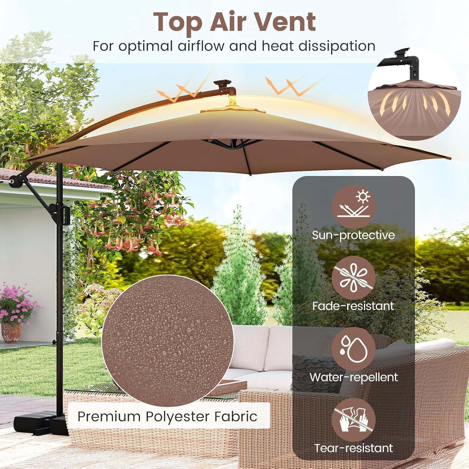 Tangkula 10 FT Solar Patio Umbrella with Base Included, Cantilever Offset Hanging Outdoor Umbrella with 96 Multi-Colored Flowing LED Lights, 9 Modes, Tilt Adjustment, 360° Rotation, Crank for Pool Yard Deck Lawn (Coffee)