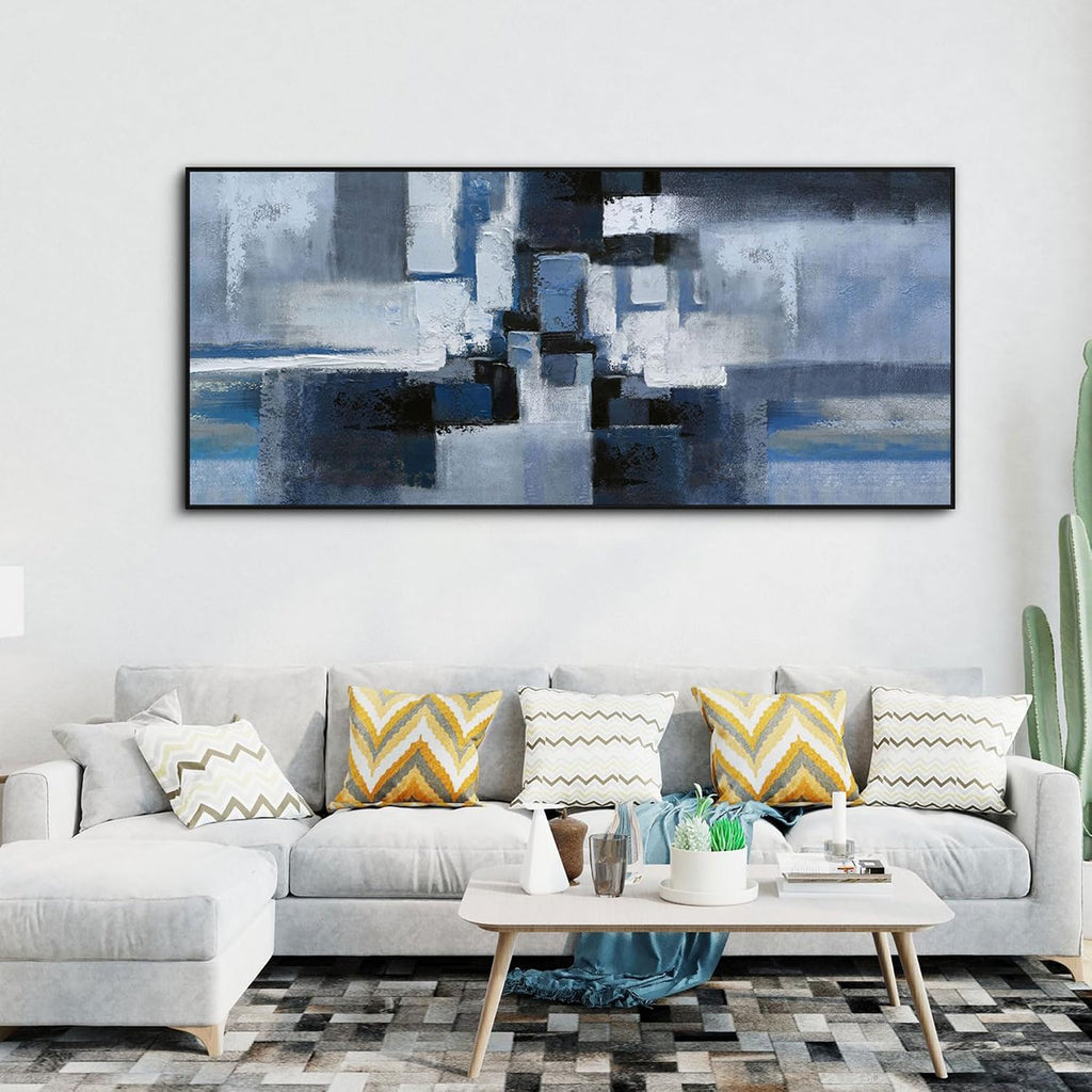 KLAKLA Abstract Wall Art for Living Room - Large Framed Canvas Blue and Black Pictures Artwork for Walls Bedroom Office Modern Wall Decor - 70x31 Inches