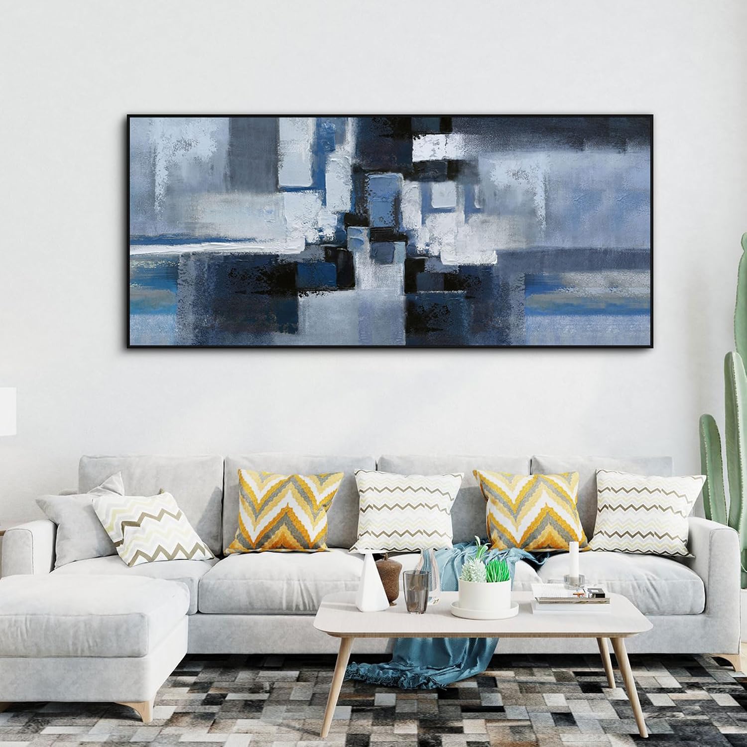 KLAKLA Abstract Wall Art for Living Room - Large Framed Canvas Blue and Black Pictures Artwork for Walls Bedroom Office Modern Wall Decor - 70x31 Inches