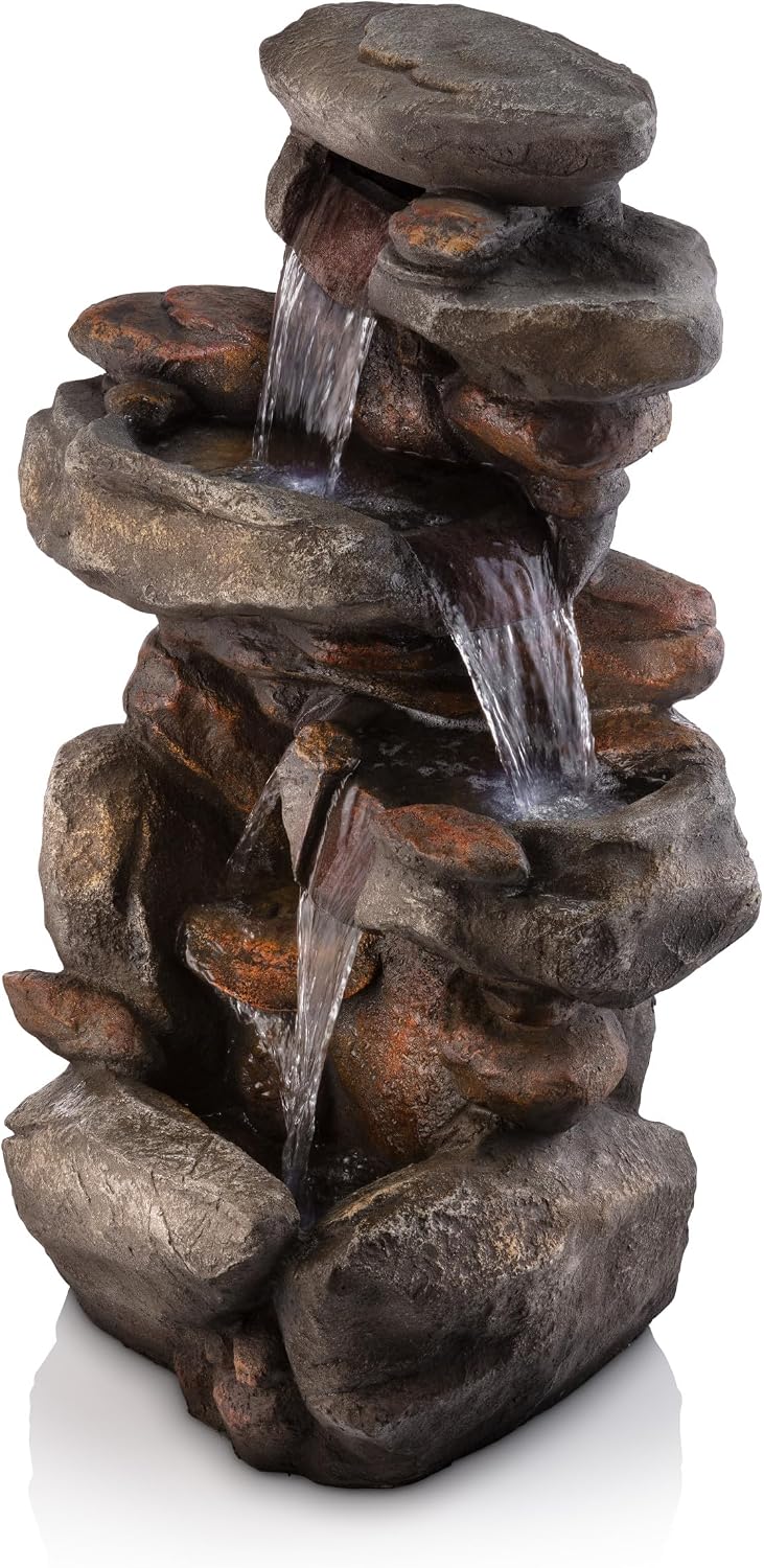 Alpine Corporation | 40' 4-Tier Rock Floor Fountain with Cascading Water & White LED Lights, Tranquil Outdoor Water Feature for Garden, Patio, Yard & Deck, Light Gray