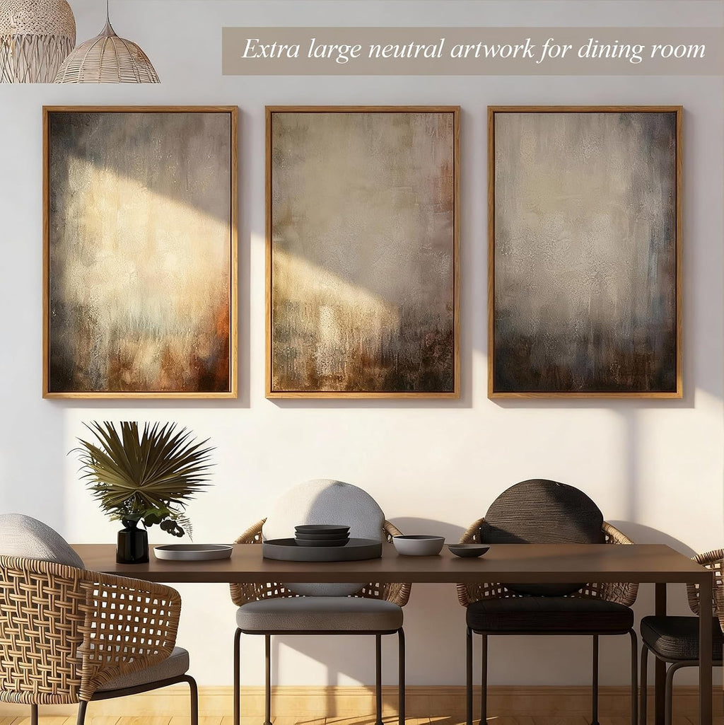 Vaskuro Extra Large Framed Art, Handmade Textured Canvas Paintings, Neutral Abstract Light Brown Wall Decor for Living Room, 3 Pcs,24x36In, Modern Minimalist Cozy Artwork for Bedroom
