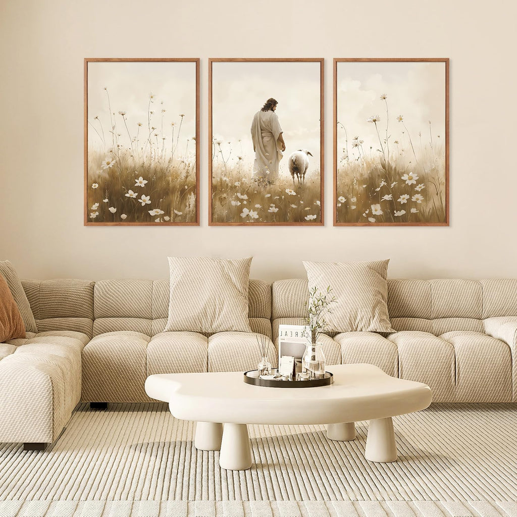KAIRNE Jesus Wall Art Set of 3(24'X36'),Lost Sheep Wall Decor,Religious Scripture Art Print,Christian Bible Wall Paintings,White Floral Pictures for Church Bedroom Living Room Office Decoration,Framed