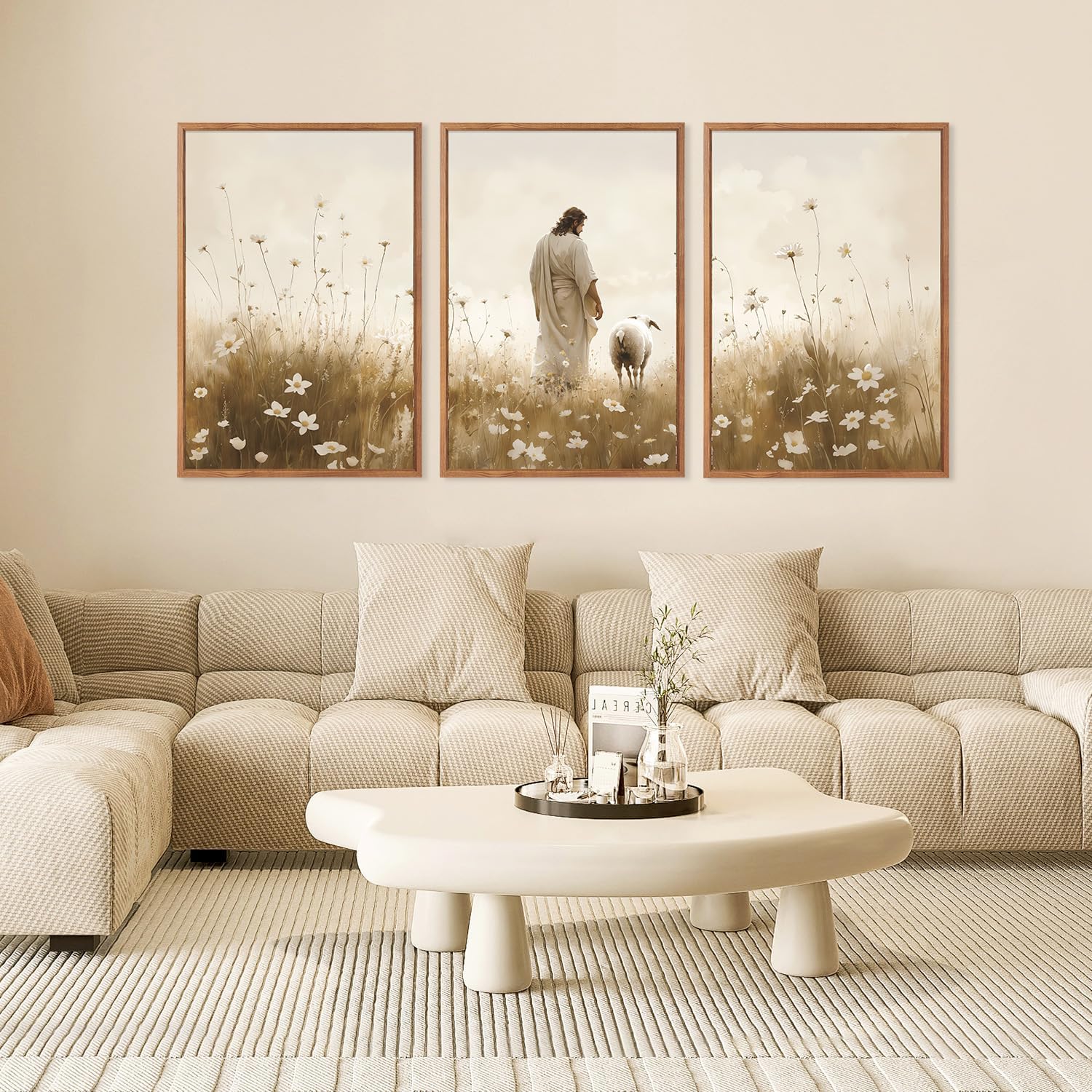 KAIRNE Jesus Wall Art Set of 3(24'X36'),Lost Sheep Wall Decor,Religious Scripture Art Print,Christian Bible Wall Paintings,White Floral Pictures for Church Bedroom Living Room Office Decoration,Framed