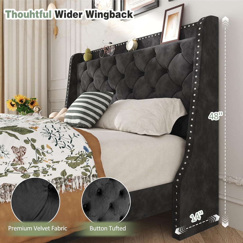 SUNLEI Queen Bed Frame with Storage Headboard, Velvet Upholstered Platform Bed Frame with Wingback Tufted Headboard, Noise Free Wood Slat Support, No Box Spring Needed, Easy Assembly, Black