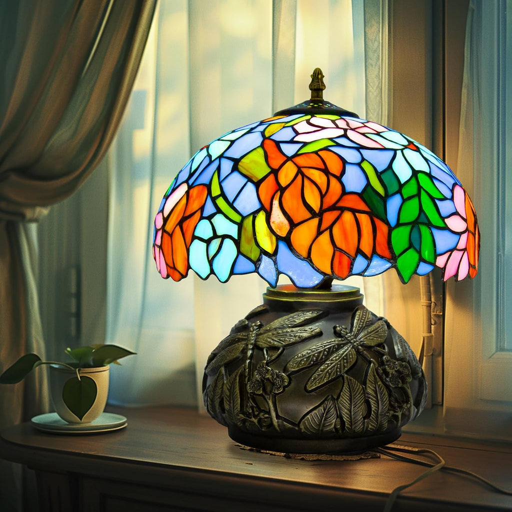 Tiffany Table Lamp,12 Inch Stained Glass Table Lamp,Mushroom Style Vintage Desk Lights Included E26 LED with Remote Control for Bedside,Bedroom,Living Room(Leaf Wisteria)