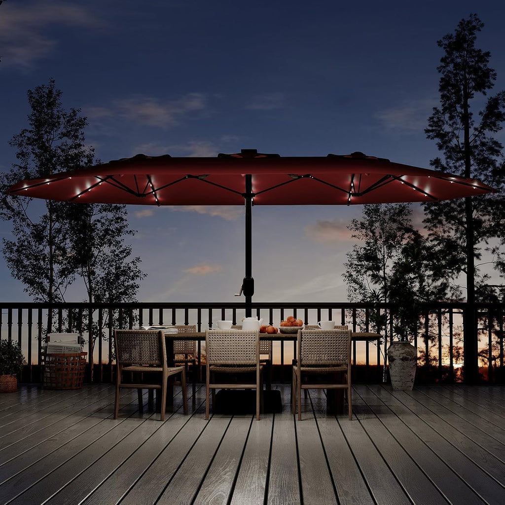 Garvee 15 ft Rectangular Patio Umbrella with Solar Lights & Base Included - Large Patio Umbrella with Crank Handle 36 LED Lights, UV Protection for Outdoor Market, Backyard, Deck, Pool, Burgundy
