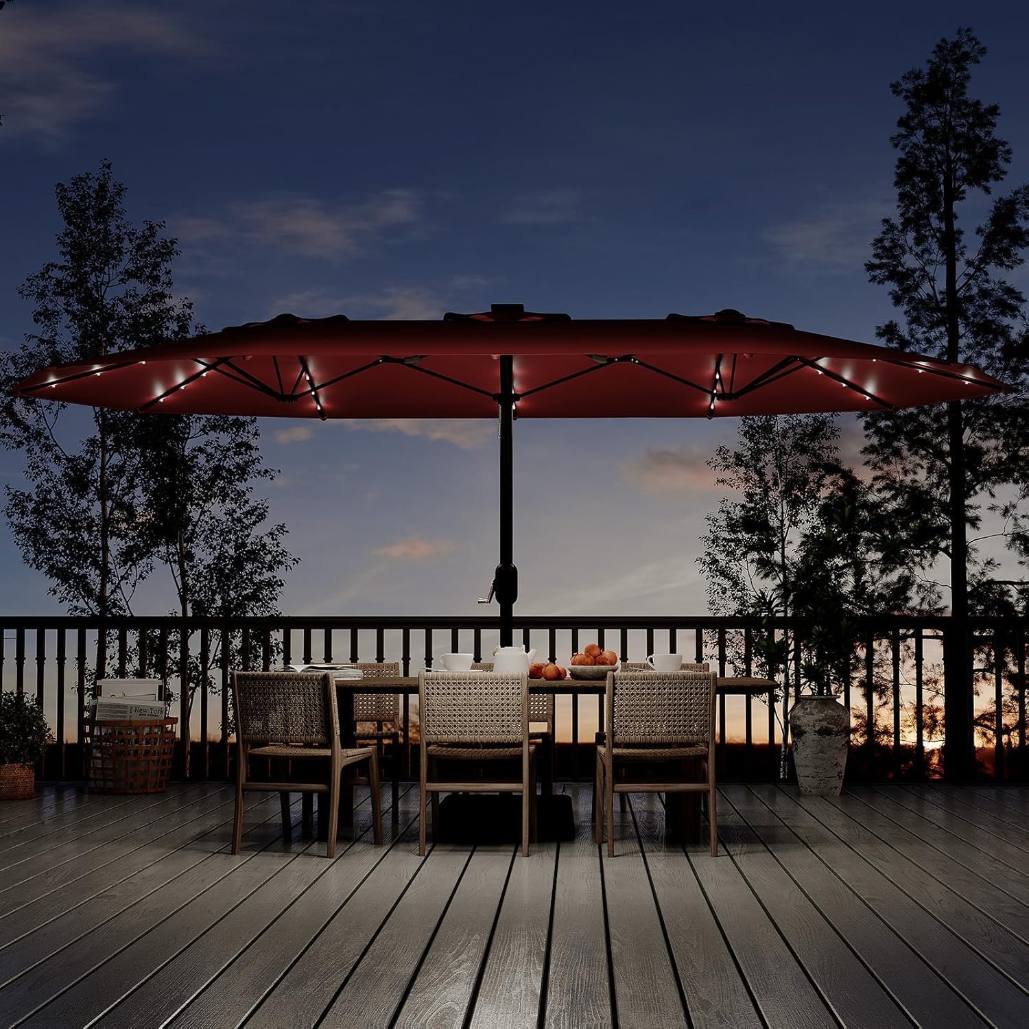 Garvee 15 ft Rectangular Patio Umbrella with Solar Lights & Base Included - Large Patio Umbrella with Crank Handle 36 LED Lights, UV Protection for Outdoor Market, Backyard, Deck, Pool, Burgundy