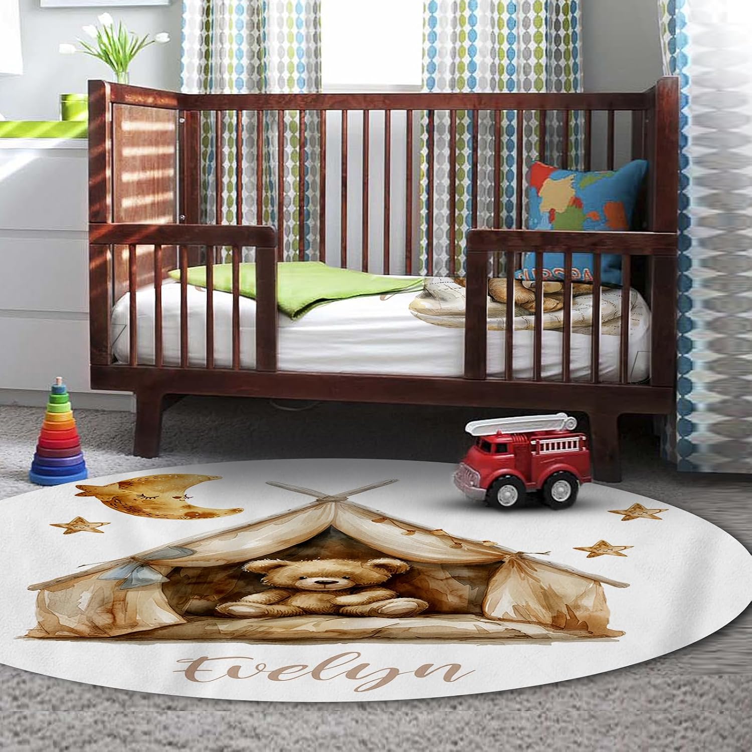 Personalized Crib Bedding Set for Baby Boys Girls, Custom Name Baby Crib Sets 5-Pcs Include Toddler Double Layer Blanket Fitted Sheet Changing Pad Cover Rug Wall Art Set, Bear Theme Nursery Décor