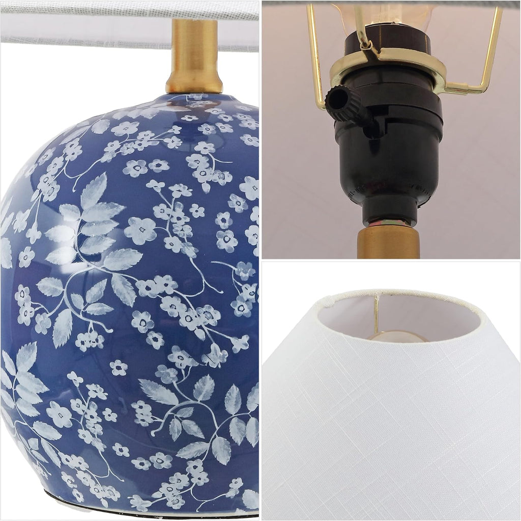JONATHAN Y 17.25' Blue/White Modern Cottage Floral Ceramic Globe Table Lamp for Bedroom, White Linen Shade, LED Bulb Included, French Country Home Decor JYL5508A