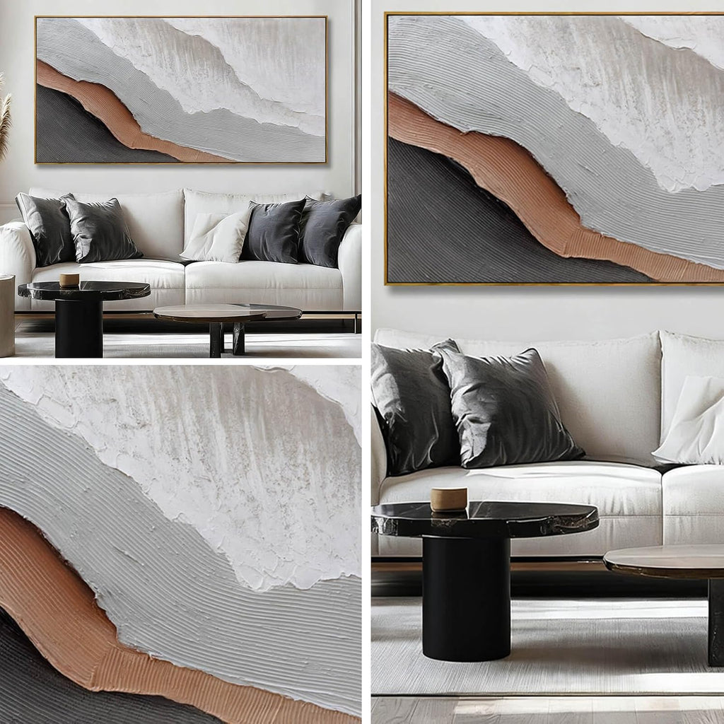 Textured White Wall Art,Grey Abstract Artwork,Large Framed Modern Pictures,Wave Landscape Oil Painting 24'x48'for Home Office Gallery