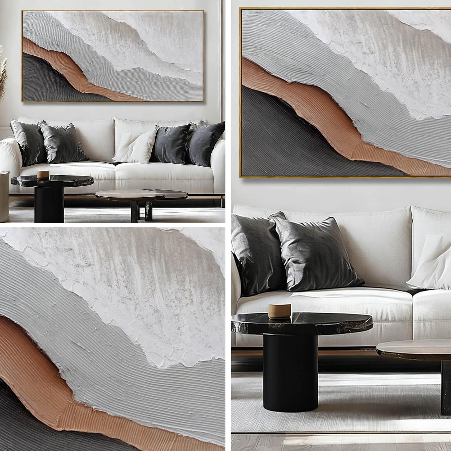 Textured White Wall Art,Grey Abstract Artwork,Large Framed Modern Pictures,Wave Landscape Oil Painting 24'x48'for Home Office Gallery
