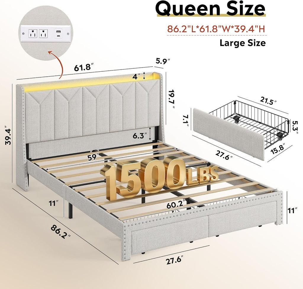 WLIVE Full Size Upholstered Bed Frame with 2 Drawers, Storage Headboard Platform Bed with Charging Station and LED Light, Sturdy Metal & Wooden Slats Support, No Box Spring Needed, Beige