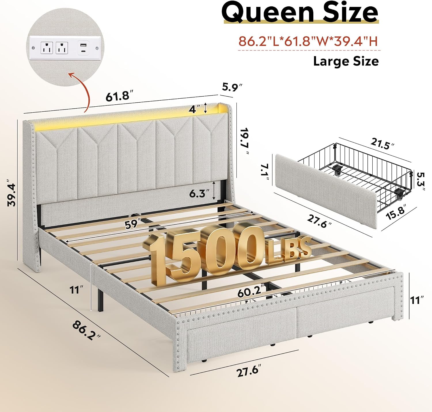 WLIVE Full Size Upholstered Bed Frame with 2 Drawers, Storage Headboard Platform Bed with Charging Station and LED Light, Sturdy Metal & Wooden Slats Support, No Box Spring Needed, Beige