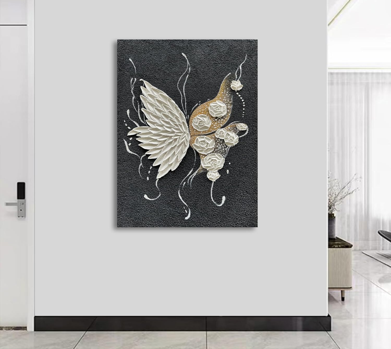 Hand Painted White Butterfly and White Flower Art Painting Modern Black and White Abstract Wall Art Decoration 40x28 Inches