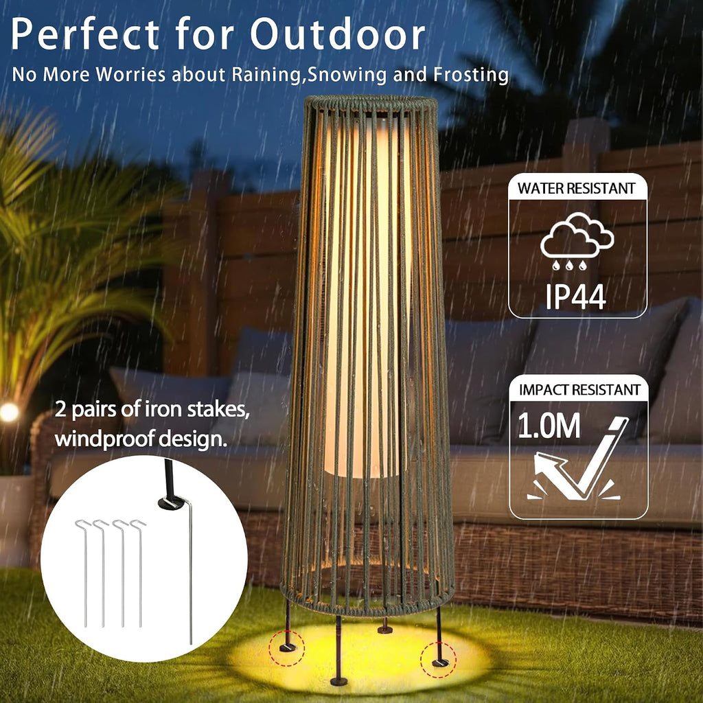 TRIROCKS Outdoor Floor Lamp 2 Piece Solar Powered Lantern Wicker Solar Patio Lamp with Olifen Rope Waterproof Rattan Outside Solar Deck Light for Patio Garden Lawn Yard (Grey)