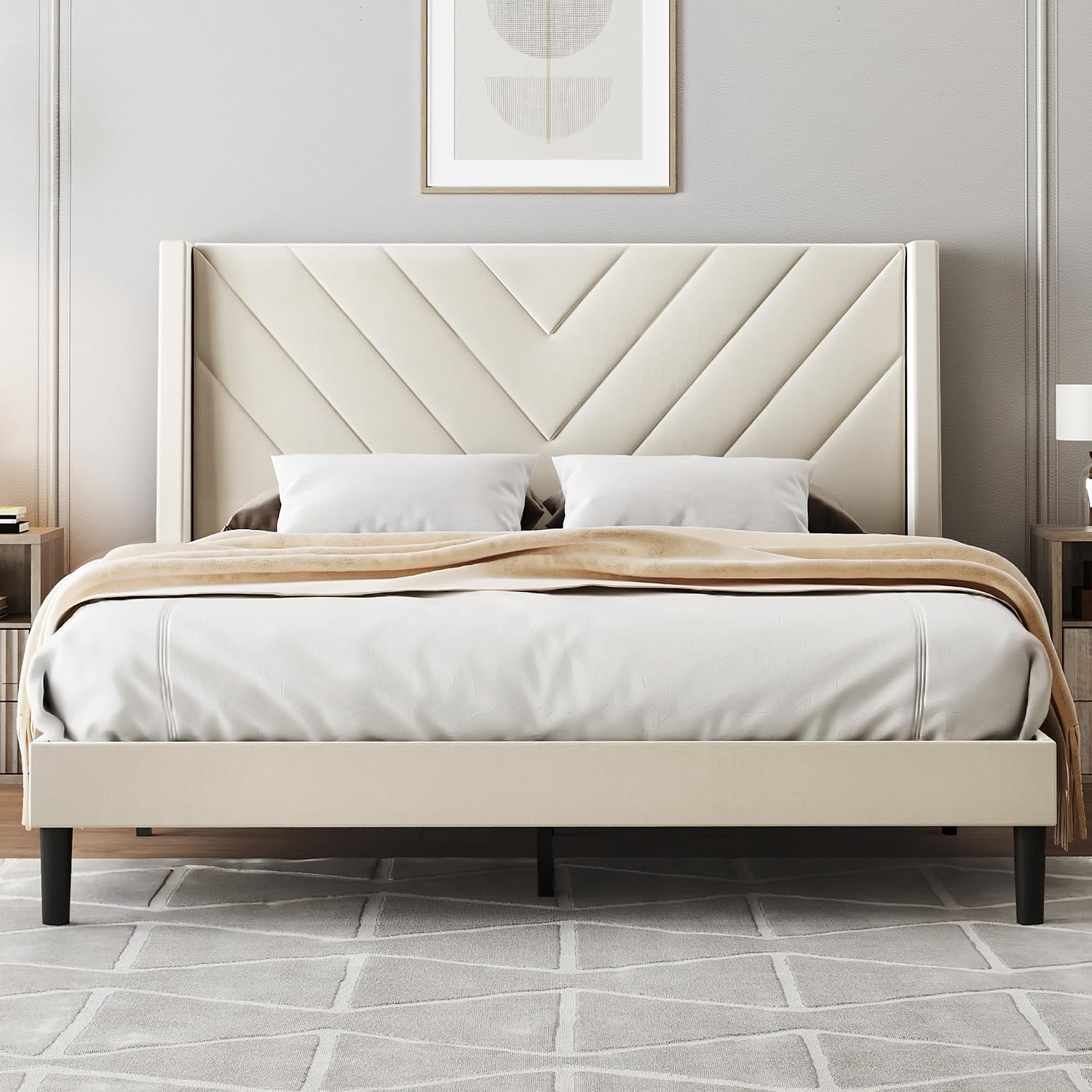 WLIVE Upholstered Bed Frame, Queen Bed Frame with Tufted Headboard, Platform Bed with Wing Side & Wood Slats, 1500LBS Mattress Foundation, No Box Spring Needed, Easy Assembly, Velvet Beige