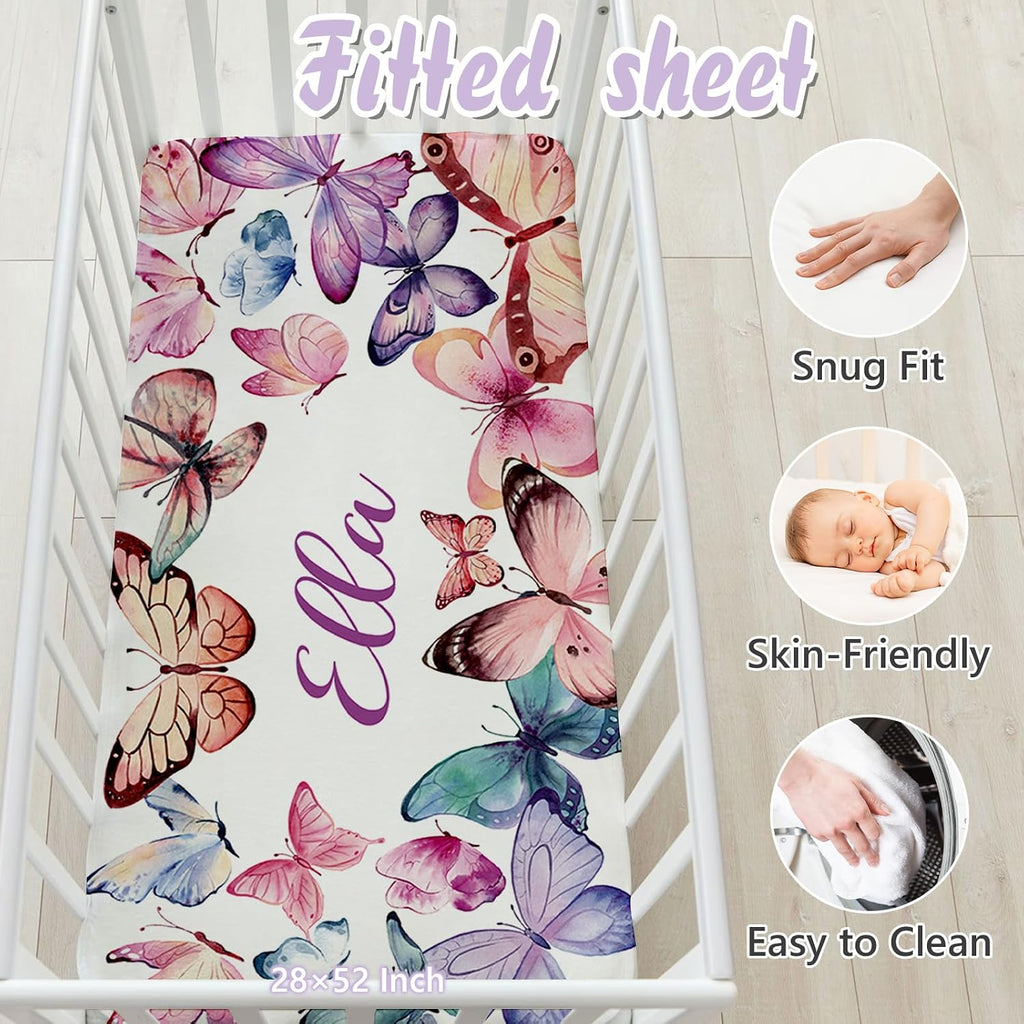 Custom Baby Crib Bedding Set, 5 PCS Personalized Name Baby Crib Sets for Girls Boys, Butterfly Theme Nursery Bedding Sets for Infant Toddler, Double Layer Flannel Bed Set Customized Gifts