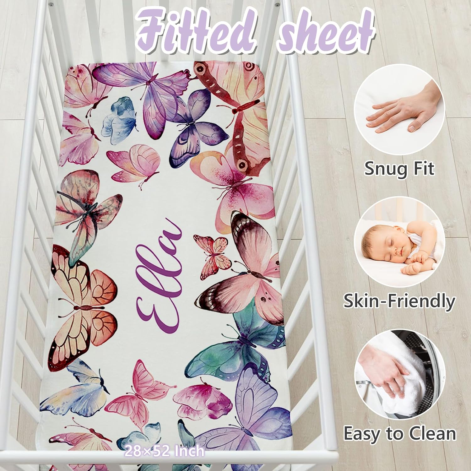 Custom Baby Crib Bedding Set, 5 PCS Personalized Name Baby Crib Sets for Girls Boys, Butterfly Theme Nursery Bedding Sets for Infant Toddler, Double Layer Flannel Bed Set Customized Gifts