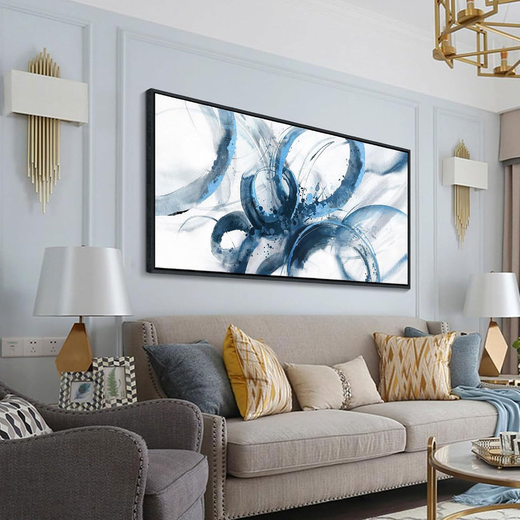 AJAZIKO Blue Abstract Canvas Wall Art for Living Room - Large Modern Navy & White Framed Artwork, Extra Large Bedroom Wall Decor, Sophisticated Office Pictures 30×60IN