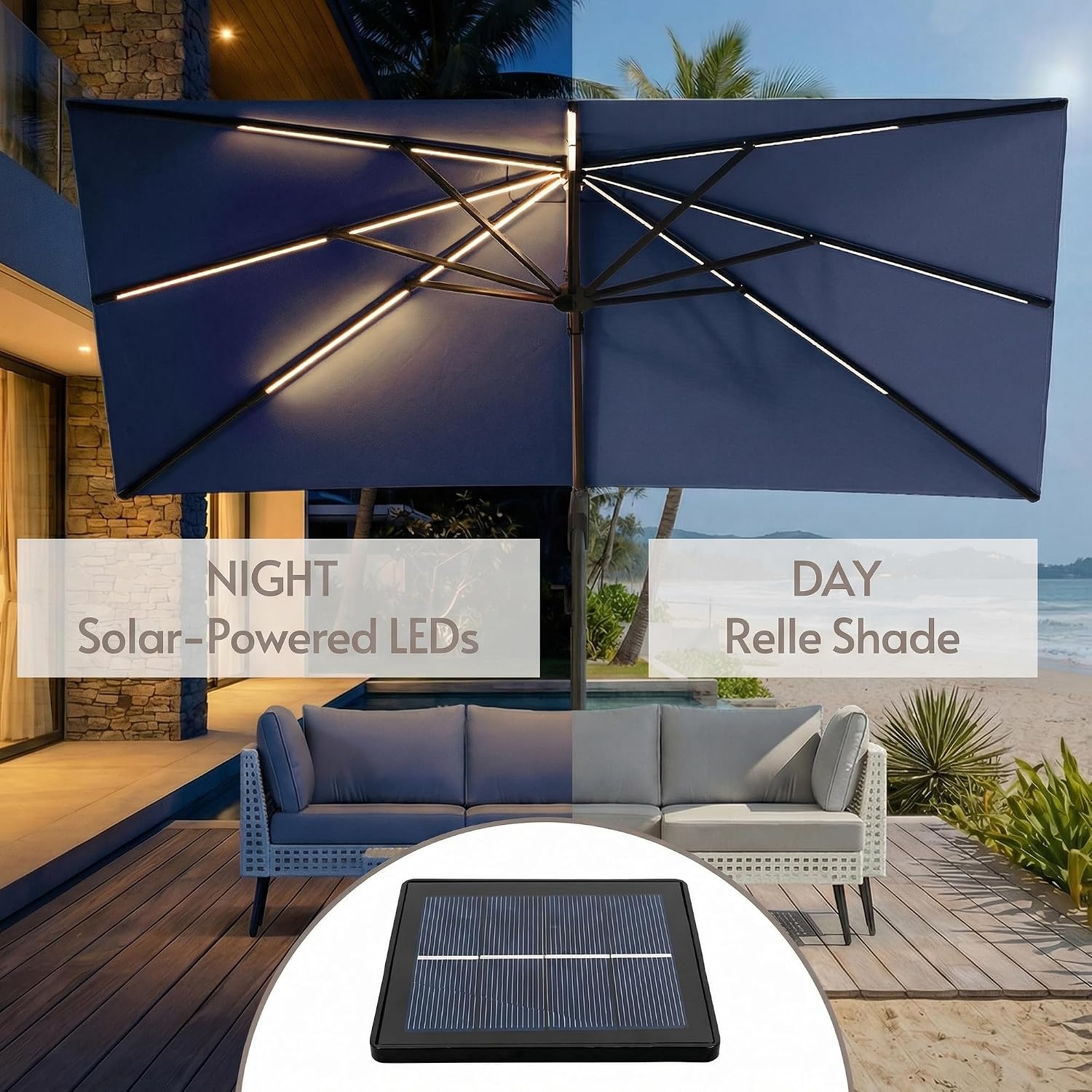 ENSTVER 11x11ft Large Cantilever Umbrella With Base Included & Solar Powered Led Lights, Deluxe Curvy All-Aluminum Rectangular Patio Umbrella For Deck, Pool And Backyard (Navy Blue)