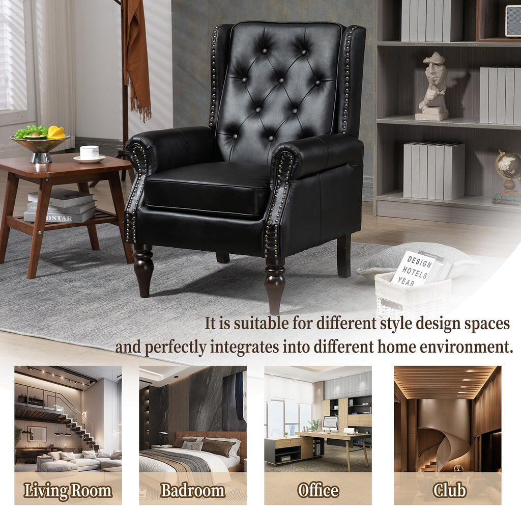 Mid-Century Wingback Chair, PU Leather Accent Chair Armchair with Buttons,Modern Living Room Chairs with Rivet Decoration,Leisure Single Sofa Chair for Bedroom,Club,Home Reception (PU Black)