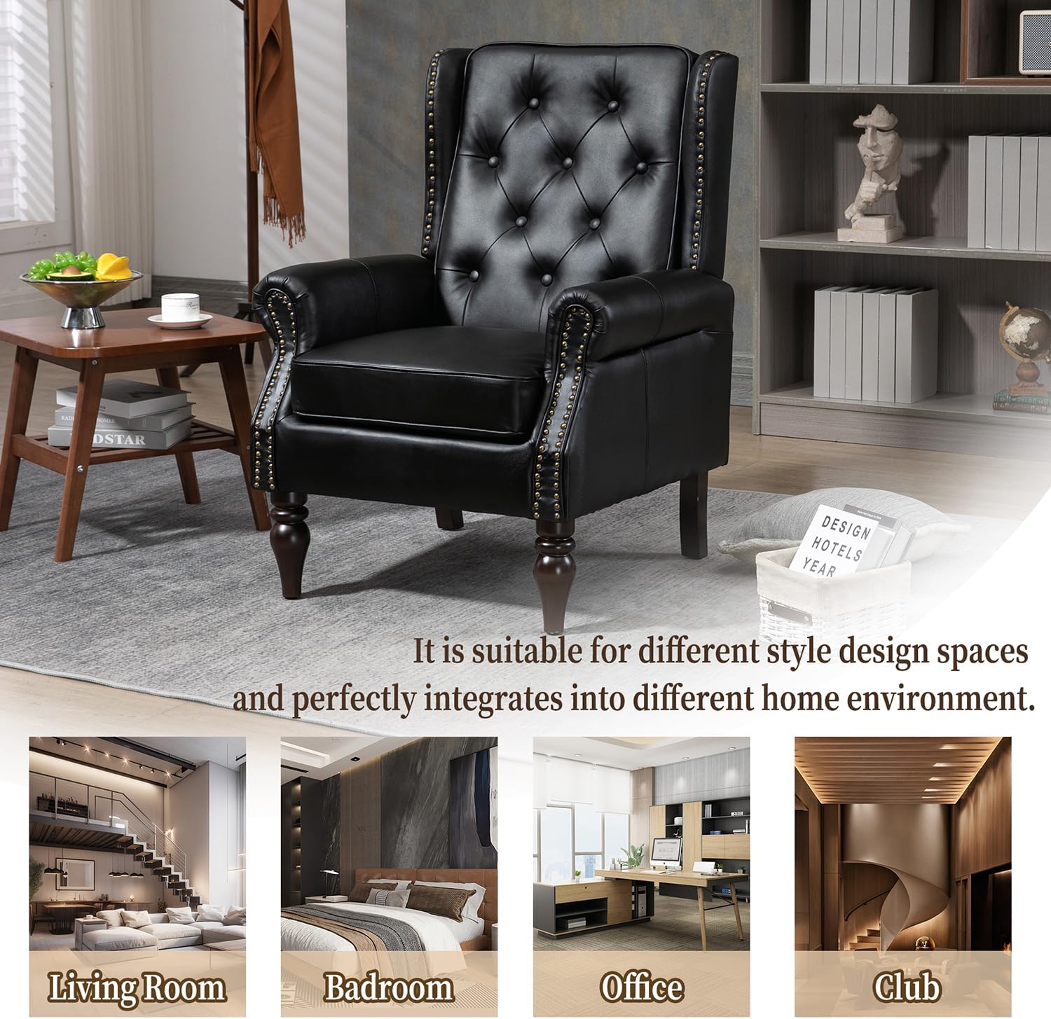 Mid-Century Wingback Chair, PU Leather Accent Chair Armchair with Buttons,Modern Living Room Chairs with Rivet Decoration,Leisure Single Sofa Chair for Bedroom,Club,Home Reception (PU Black)