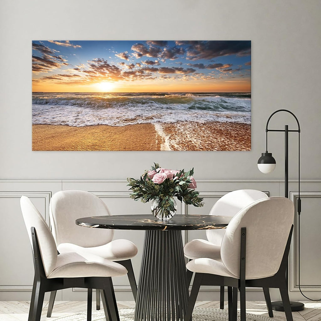 Jiuqinghua Wall Art Decor Large Canvas Print Picture Sunrise over the Sea 1 Panel Ocean Beach Waves Scenery Painting Artwork for Office Wall Decor Home Decoration Stretched and Framed Ready to Hang