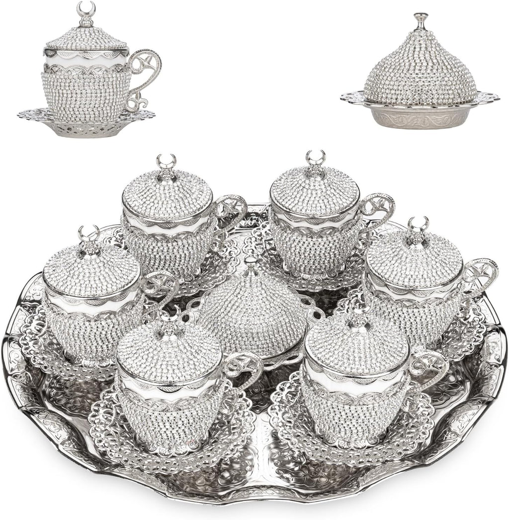 Alisveristime 27 Pc Ottoman Turkish Greek Arabic Coffee Espresso Serving Cup Saucer Crystal Set (Gelincik) - Handcrafted Traditional Set with Hilal Motifs (Silver)