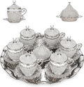 Alisveristime 27 Pc Ottoman Turkish Greek Arabic Coffee Espresso Serving Cup Saucer Crystal Set (Gelincik) - Handcrafted Traditional Set with Hilal Motifs (Silver)