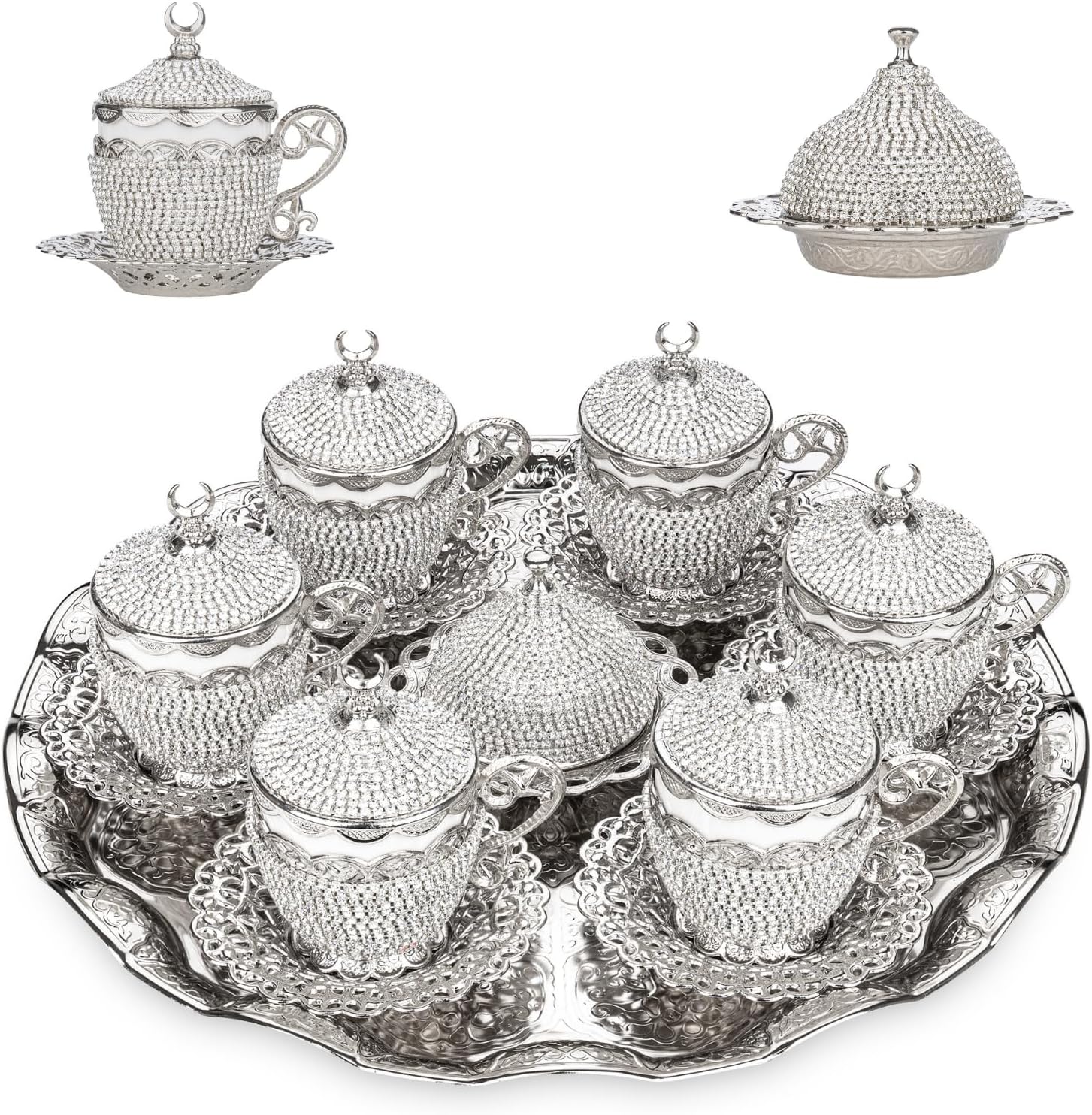 Alisveristime 27 Pc Ottoman Turkish Greek Arabic Coffee Espresso Serving Cup Saucer Crystal Set (Gelincik) - Handcrafted Traditional Set with Hilal Motifs (Silver)