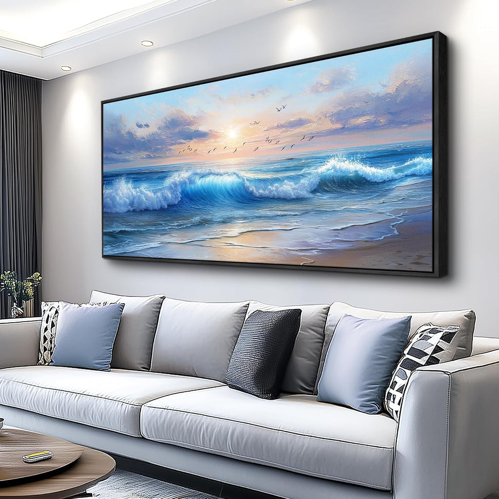 XIGUANGART Ocean Canvas Wall Art, Blue Sea Wave and Large Coastal Beach Paintings Sunset Seascape Pictures Framed Artwork Wall Decor for Living Room Bedroom Bathroom Kitchen Hallway Home Office