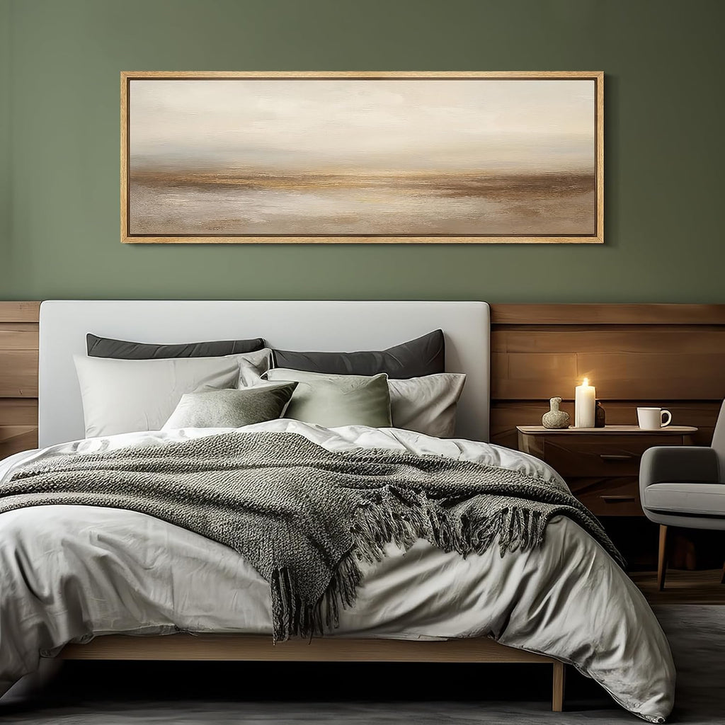 MUDECOR Large Framed Canvas Print Wall Art Neutral Beige Horizon Abstract Modern Minimalist Landscape Illustrations Decorative Colorful for Bedroom - 60'x20'