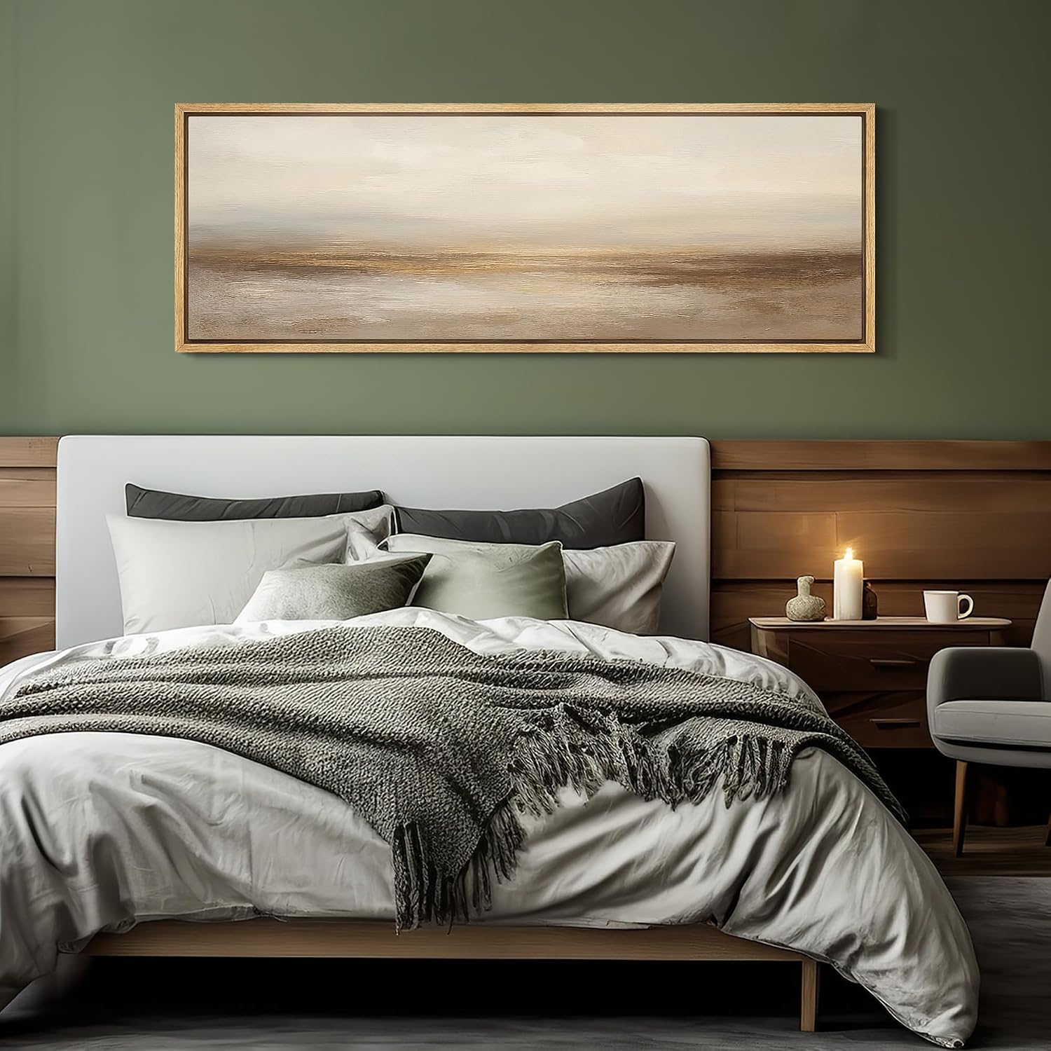MUDECOR Large Framed Canvas Print Wall Art Neutral Beige Horizon Abstract Modern Minimalist Landscape Illustrations Decorative Colorful for Bedroom - 60'x20'