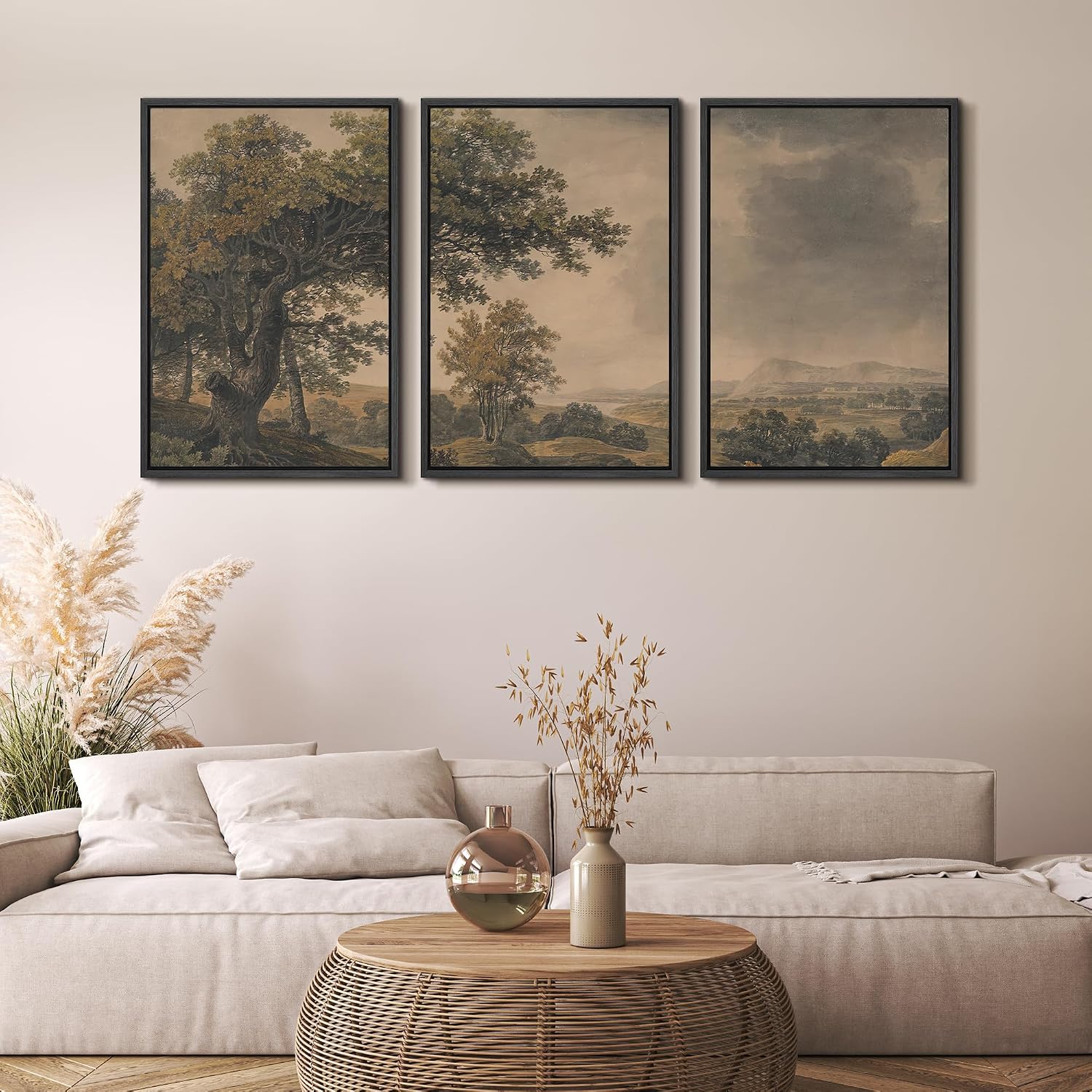 MUDECOR Framed Wall Art Print Set Vintage Landscape Rustic Tree and Mountain View Illustrations Decorative Colorful for Living Room, Bedroom, Office - 24'x36'x3 Black