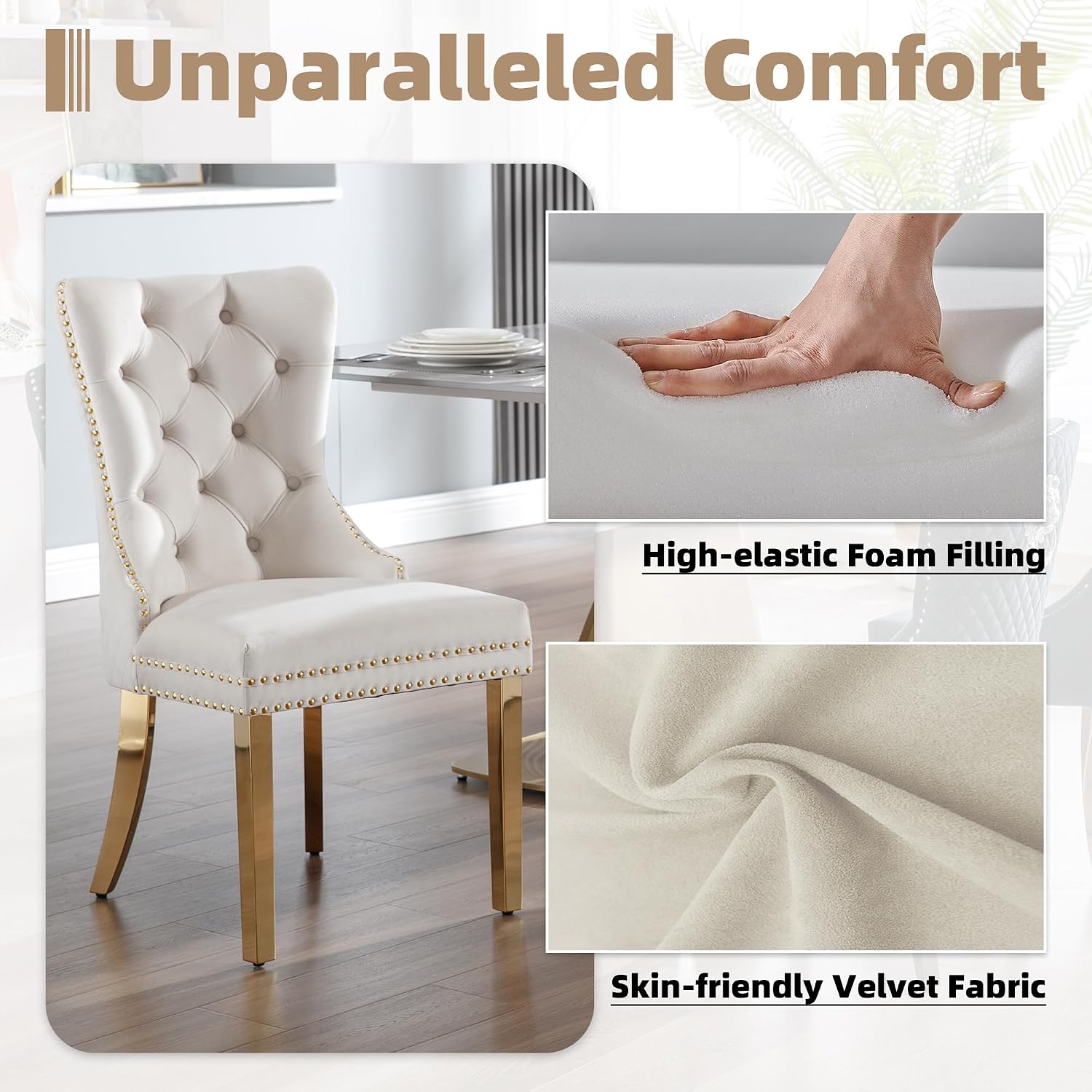 Velvet Dining Chairs Set of 6, Upholstered Dining Room Chairs, Mid-Century Modern Chairs with Diamond Lattice Tufted Back, Lion Pull Ring Rivet Trim, Golden Metal Legs for Kitchen, Beige