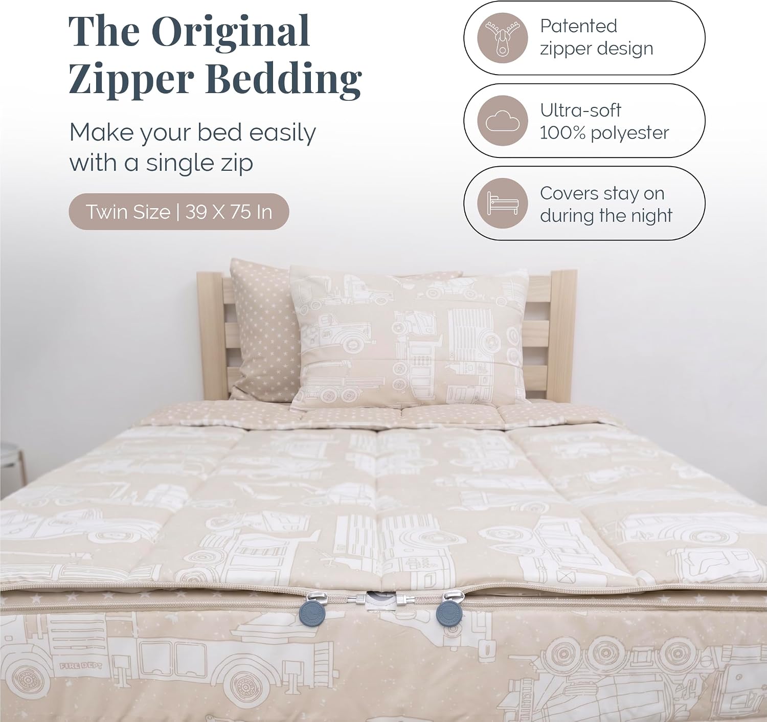 Beddy's Mack Trucks Theme Durable Zipper Bedding for Kids - Bed in a Bag - Tan Sheets & Comforter with Construction Trucks & Cars - Includes Pillowcase & Sham - Easy to Make & Wash - Twin