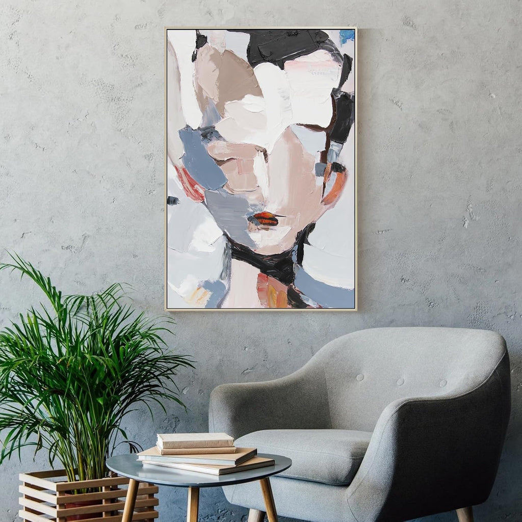 GeekMacro Abstract Face Textured Painting Hand Painted Colorful Wall Art for Living Room Large Framed Modern Canvas Artwork 45x30 Vertical Wall Decor