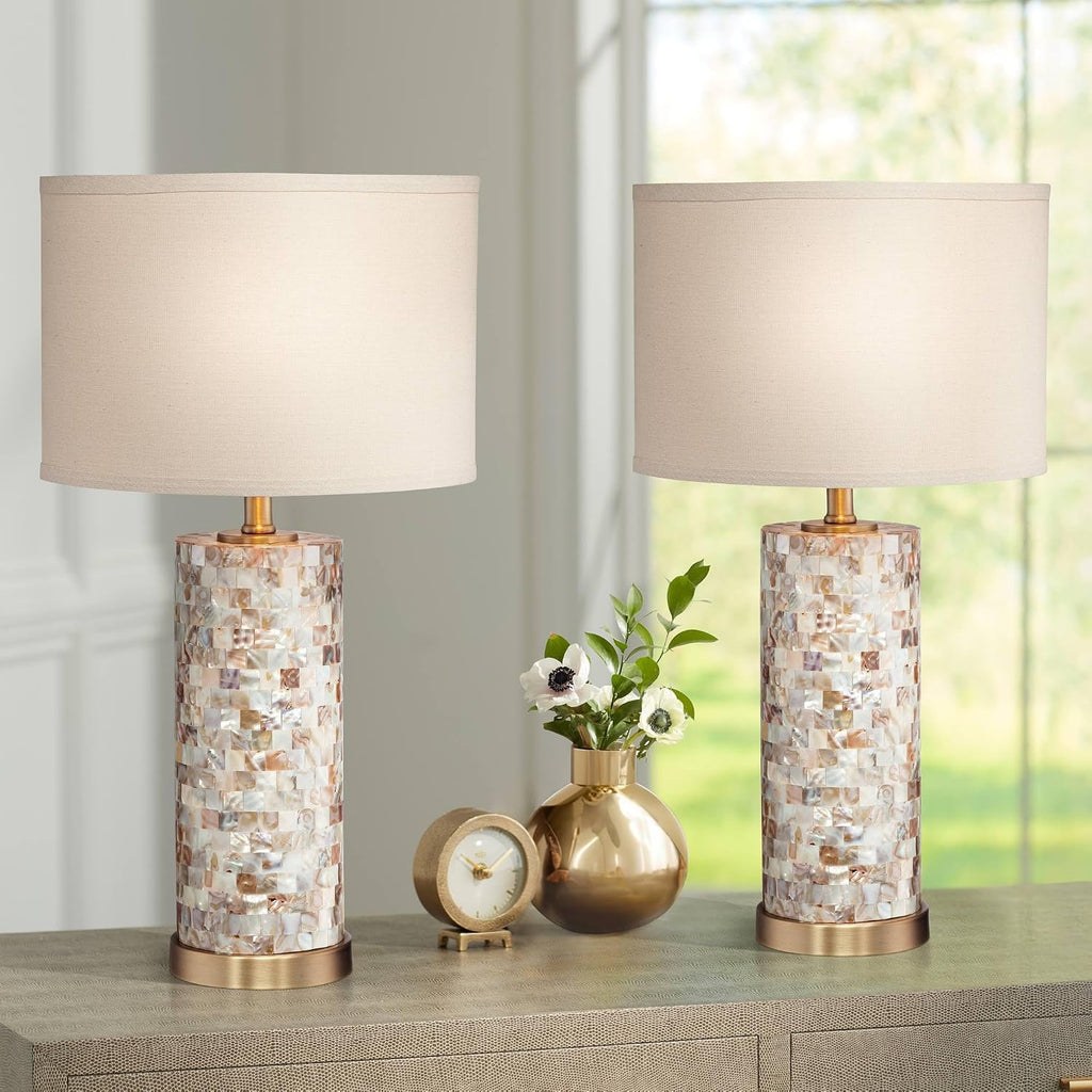 360 Lighting Margaret Modern Coastal Accent Table Lamps 23' High Set of 2 Mother of Pearl Tiles Cylinder Cream Linen Drum Shade for Living Room Bedroom House Bedside Nightstand Home Office