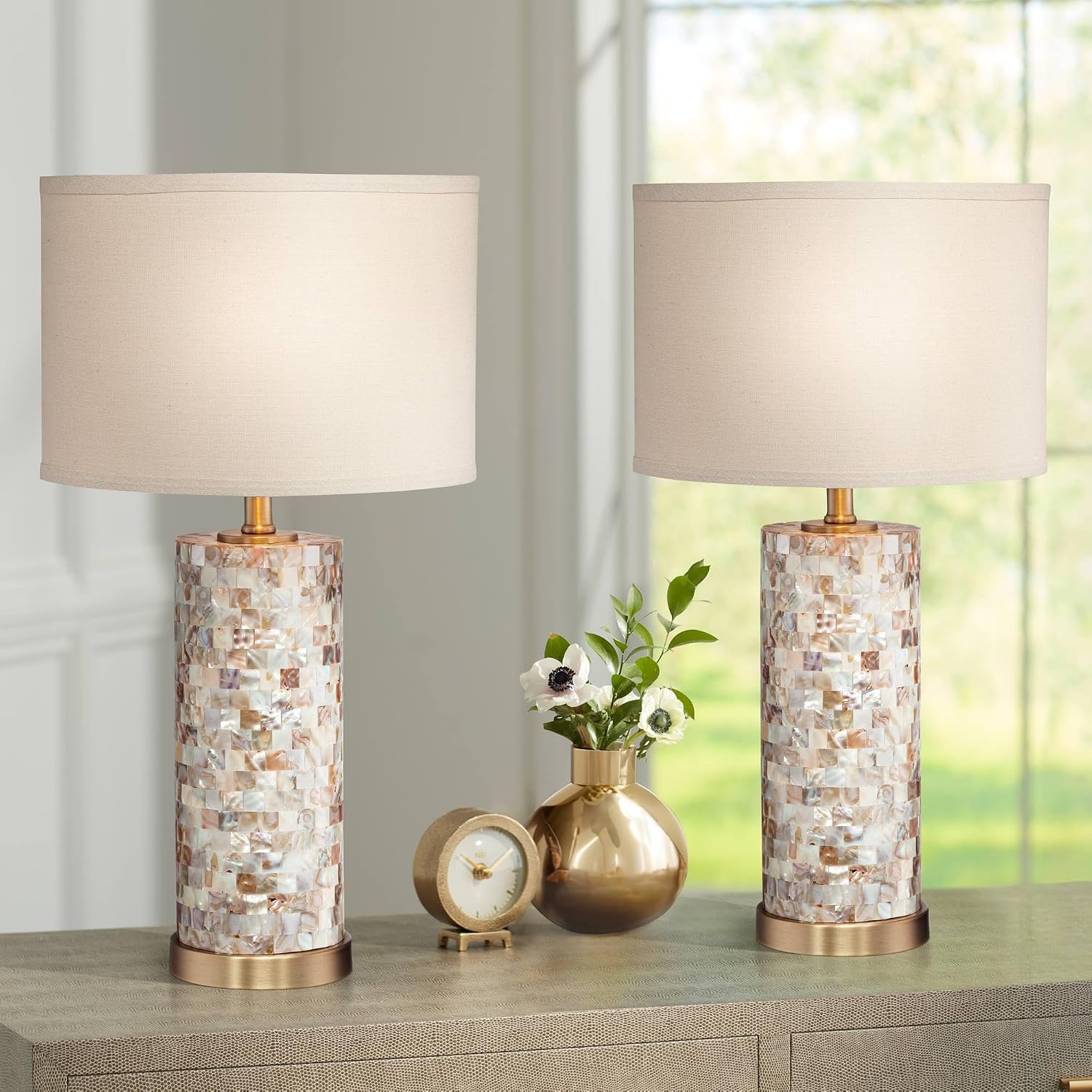 360 Lighting Margaret Modern Coastal Accent Table Lamps 23' High Set of 2 Mother of Pearl Tiles Cylinder Cream Linen Drum Shade for Living Room Bedroom House Bedside Nightstand Home Office