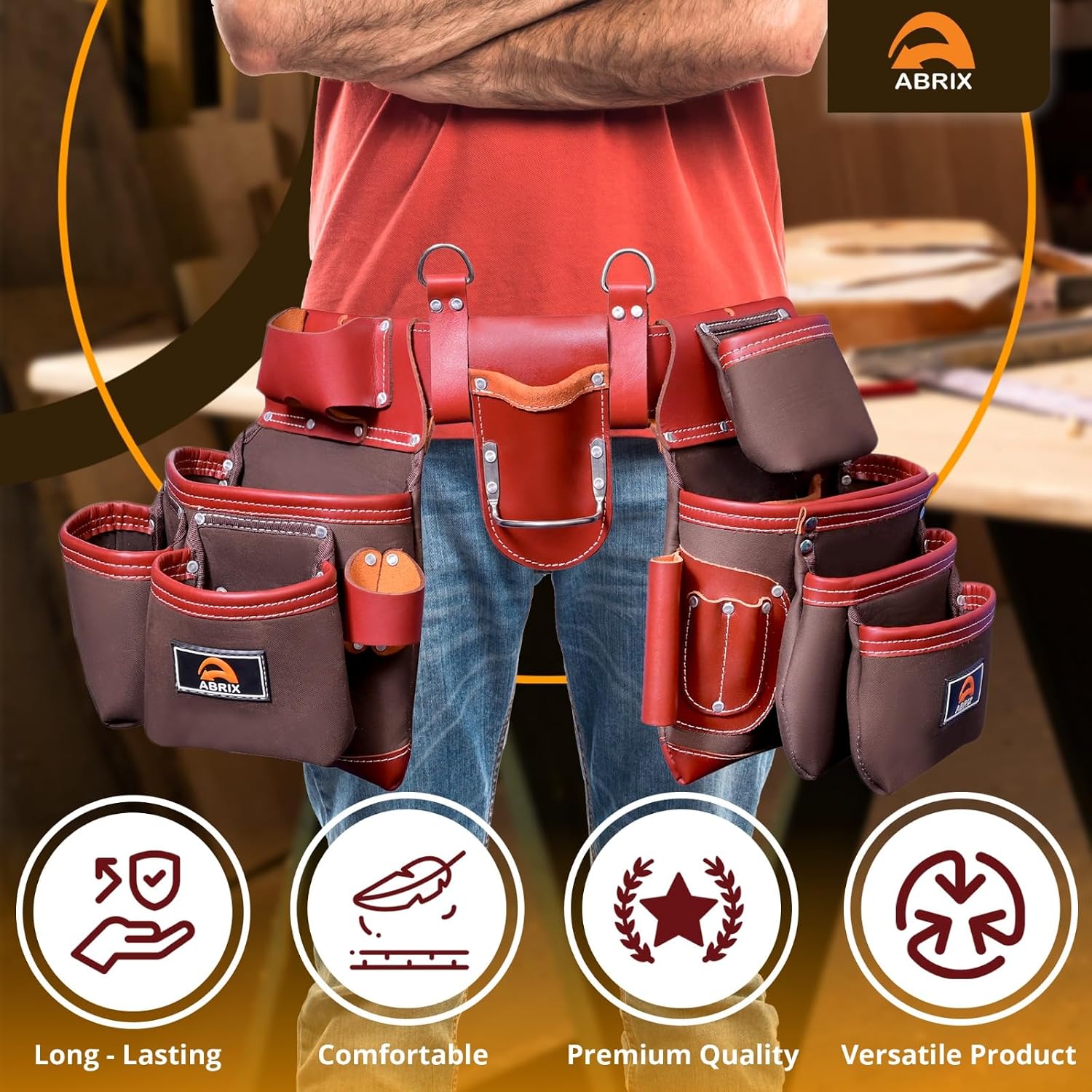 ABRIX Heavy Duty Tool Belt – 4MM Genuine Leather & Ballistic Nylon, Brass Buckle & Rivets, EVA Sheet Reinforced Lining, Foam Padded Comfort Framing Rig & Carpenter Tool Belt with Suspender | 28 Pocket