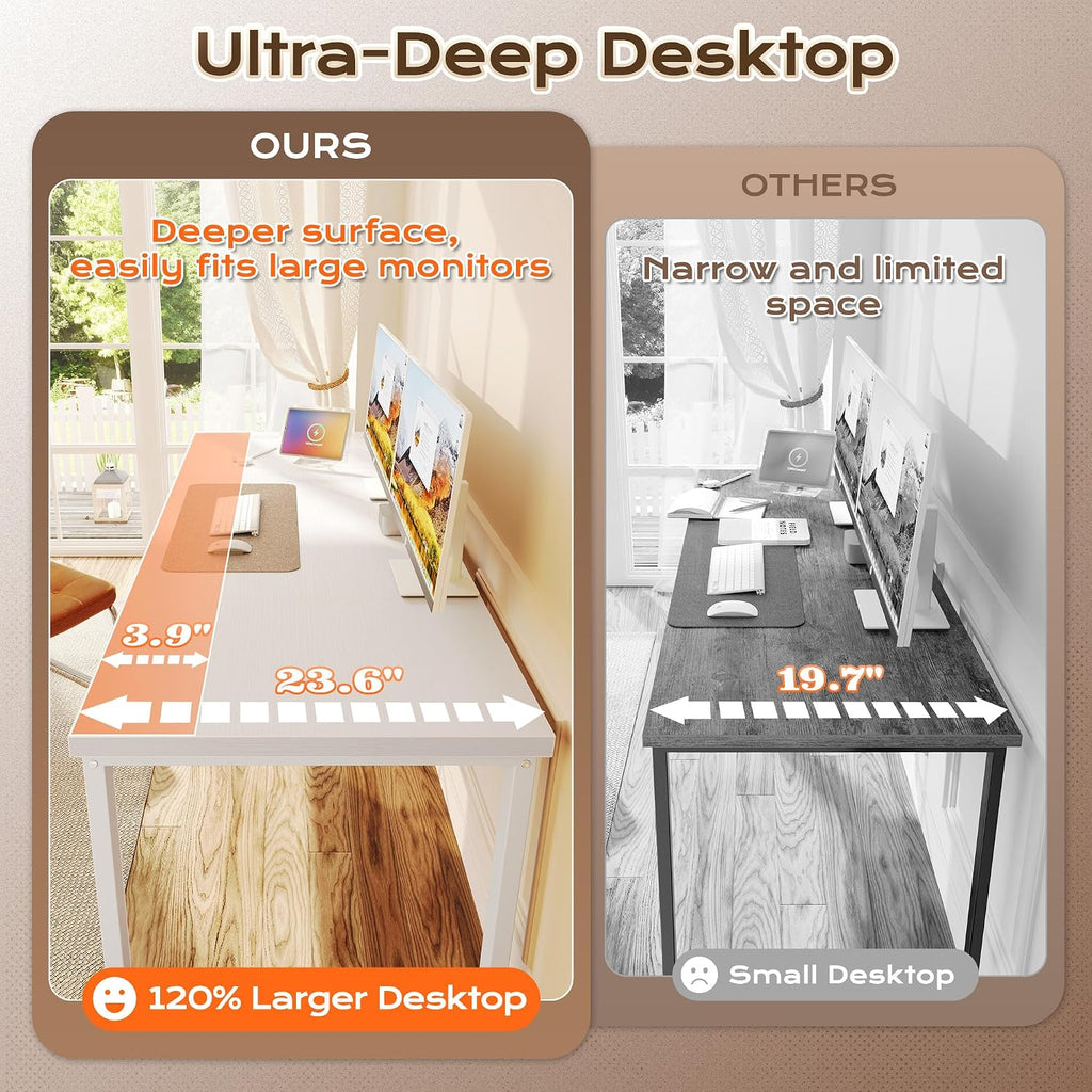 Huuger 63 x 24 inch Desk with Power Outlets & USB-C, Deeper & Thicker Desktop, Robust Metal Tubes, Computer Desk, Heavy Duty Office Desk, Work Gaming Desk, for Home Office, White