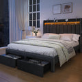 SIBEDS Full LED Bed Frame with 2 Drawers, Upholstered Platform Bed with 2 Tier Storage Wingback Headboard, Linen Channel Tufted Bedframe with Rivet Decor, No Box Spring Needed, Dark Gray