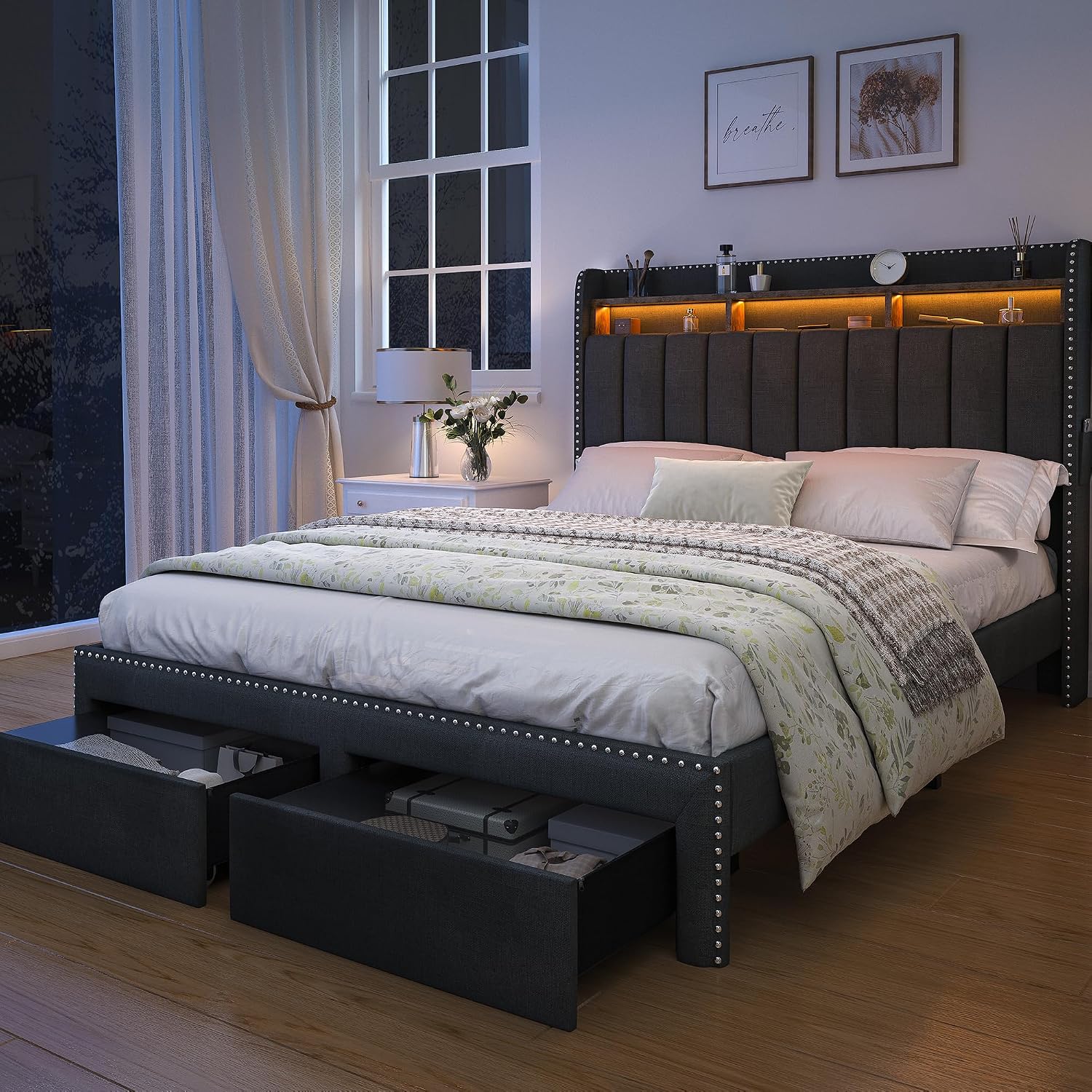 SIBEDS Full LED Bed Frame with 2 Drawers, Upholstered Platform Bed with 2 Tier Storage Wingback Headboard, Linen Channel Tufted Bedframe with Rivet Decor, No Box Spring Needed, Dark Gray