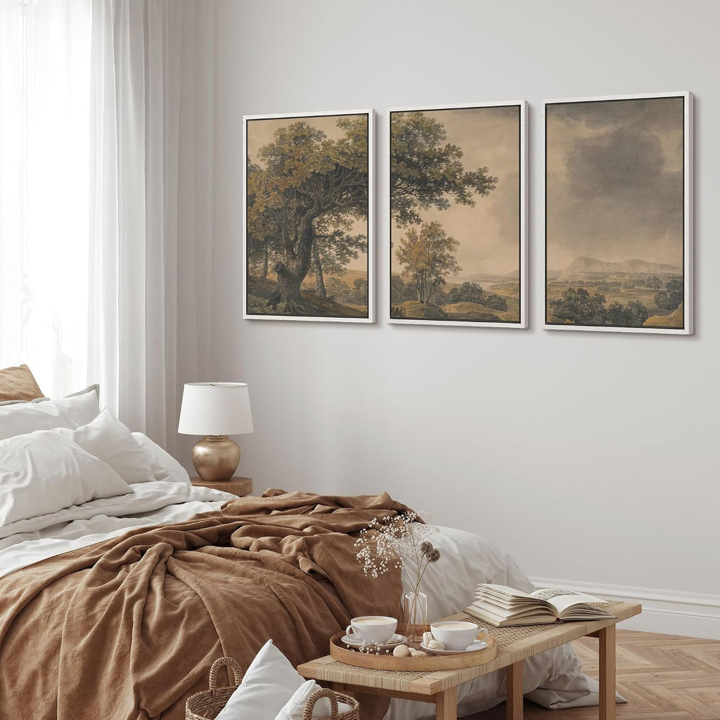 MUDECOR Framed Wall Art Print Set Vintage Landscape Rustic Tree and Mountain View Illustrations Decorative Colorful for Living Room, Bedroom, Office - 16'x24'x3 White