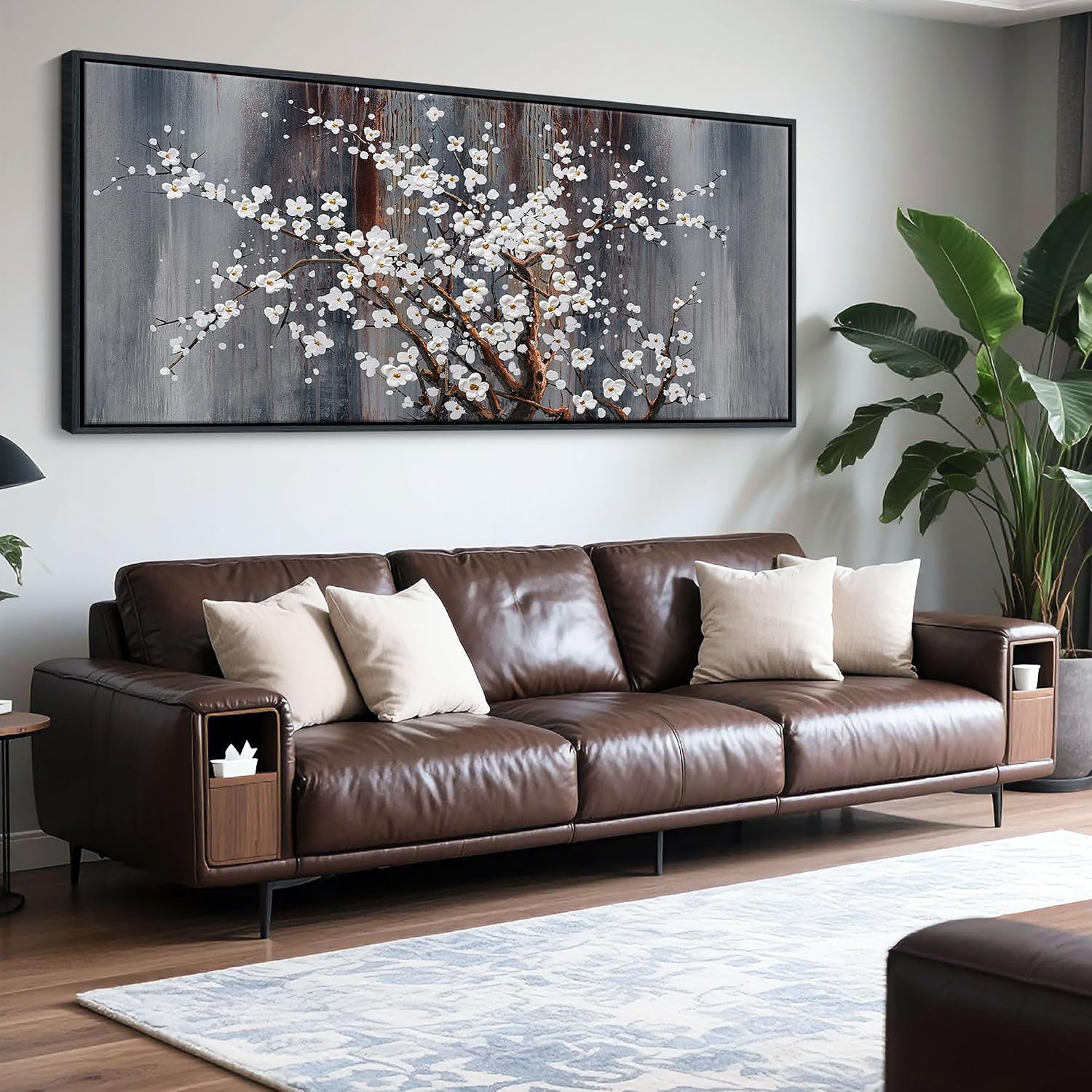 AJAZIKO Large Plum Blossom Canvas Wall Art, Brown Wall Decor, Living Room Cherry Blossom Bedroom Pictures, Framed Artwork, Modern Canvas Paintings, 31x70