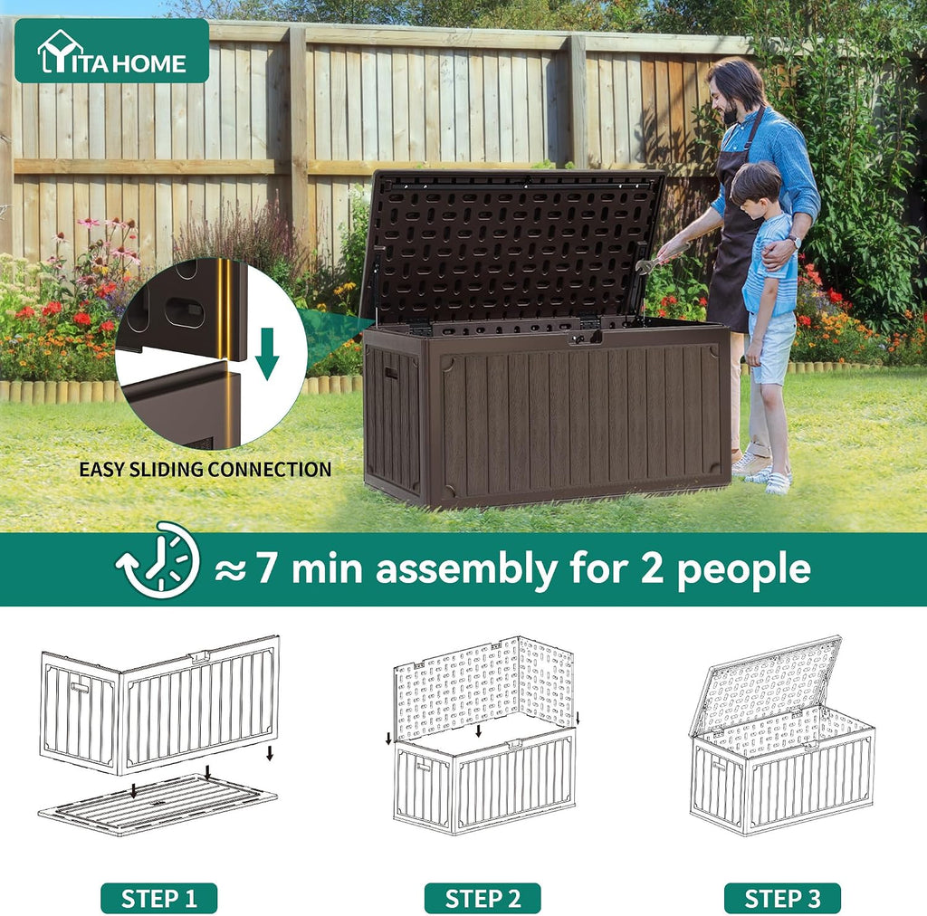 YITAHOME 90 Gallon Large Deck Box, Double-Wall Resin Outdoor Storage Boxes, Deck Storage for Patio Furniture, Cushions, Pool Float, Garden Tools, Lockable & Waterproof (Brown)
