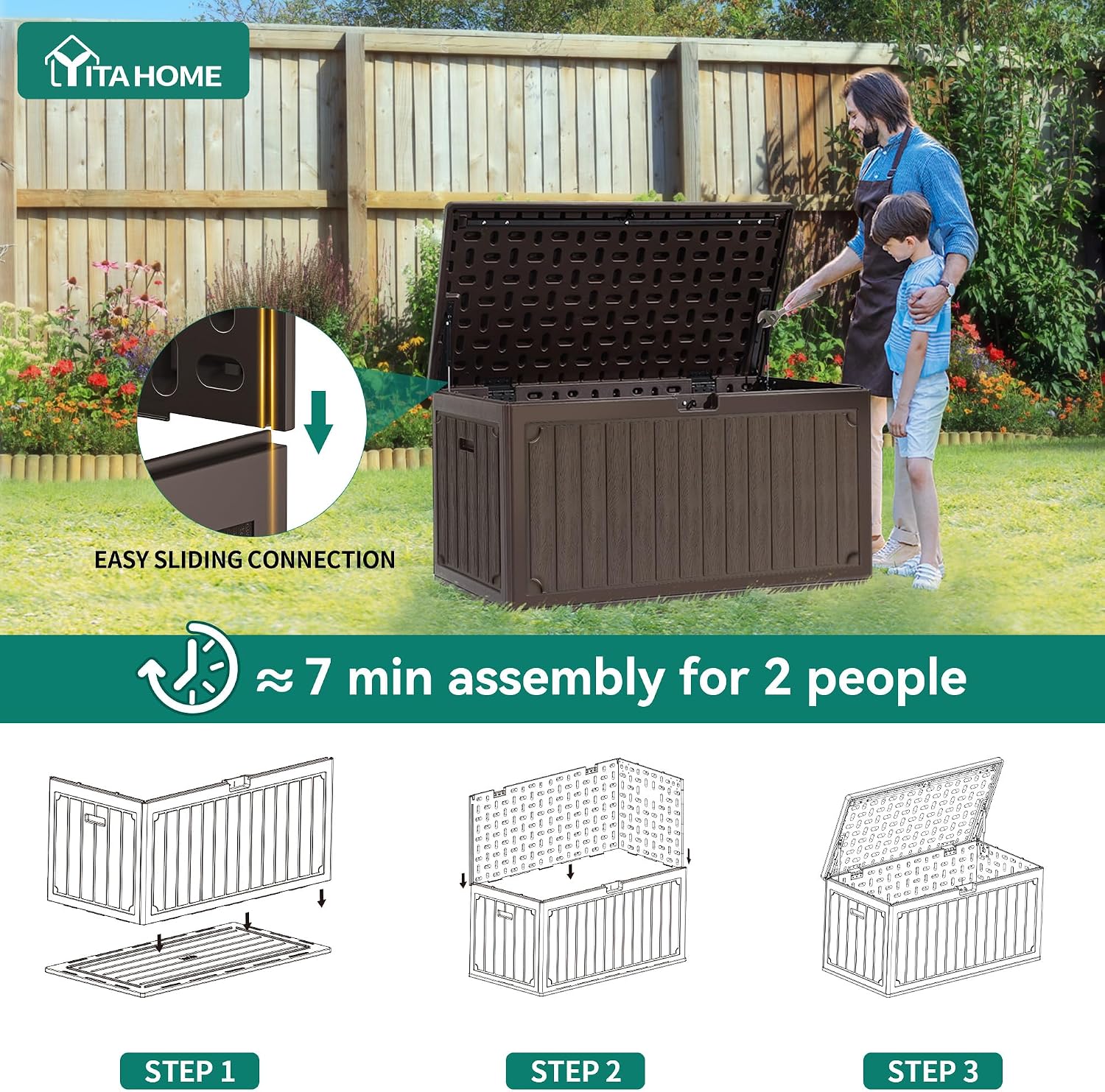 YITAHOME 90 Gallon Large Deck Box, Double-Wall Resin Outdoor Storage Boxes, Deck Storage for Patio Furniture, Cushions, Pool Float, Garden Tools, Lockable & Waterproof (Brown)